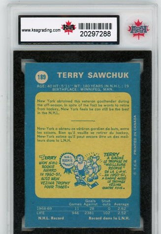 1969/70 OPC O-Pee-Chee Terry Sawchuk Graded Card #189 KSA 8.5
