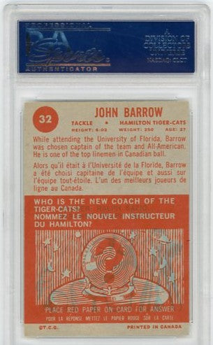 1963 Topps CFL John Barrow Graded Card Hamilton Tiger Cats #32 PSA 4