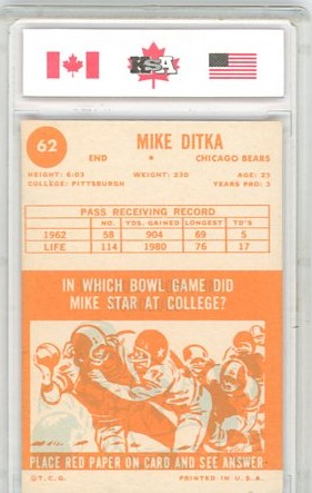 1963 Topps Mike Ditka HOF Graded Second Year Card #62 KSA 7.5