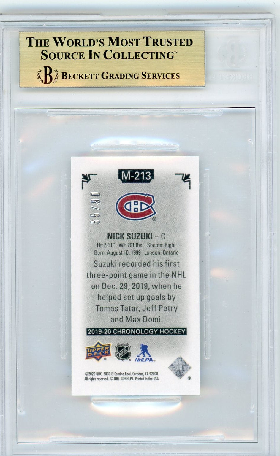 2019-20 Chronology Time Capsules Canvas Mini Nick Suzuki Rookie #213 /90 Beckett 9.5