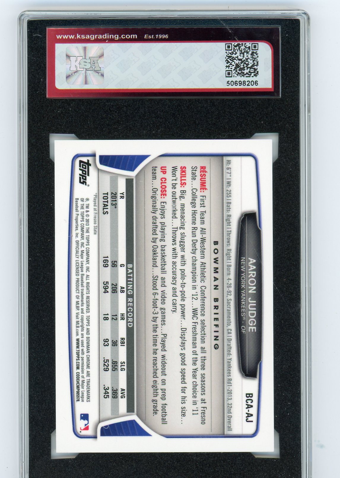 2013 Bowman Chrome DPP Aaron Judge Draft-Pick Auto Graded Rookie Card #BCA-AJ KSA 9.5