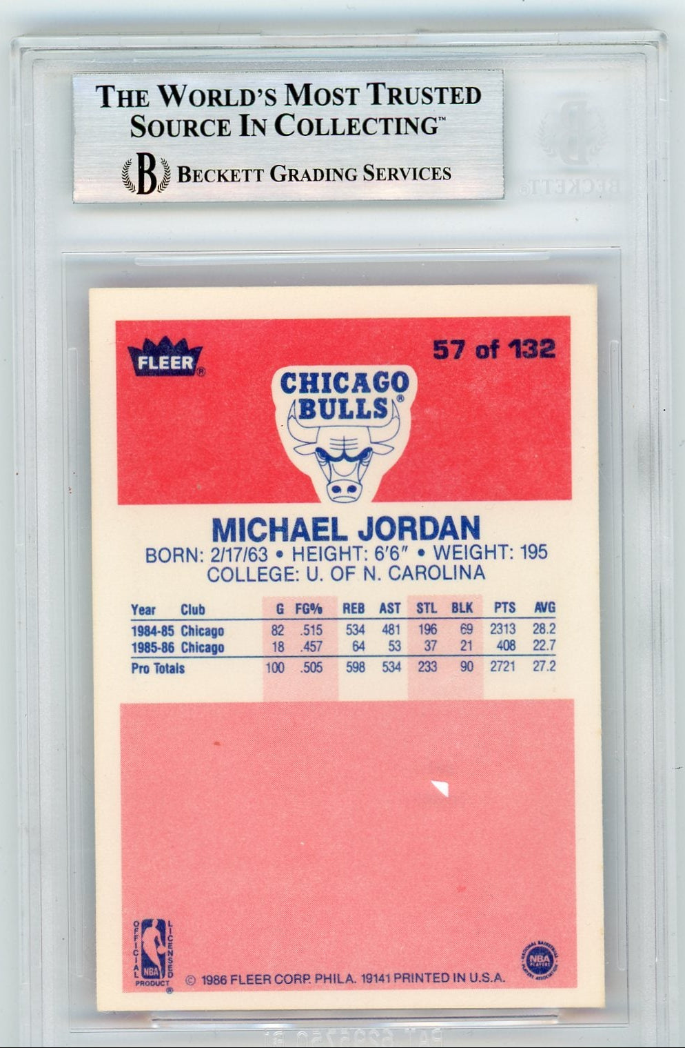 1986-87 Fleer Michael Jordan Graded Rookie Card #57 Beckett 8.5