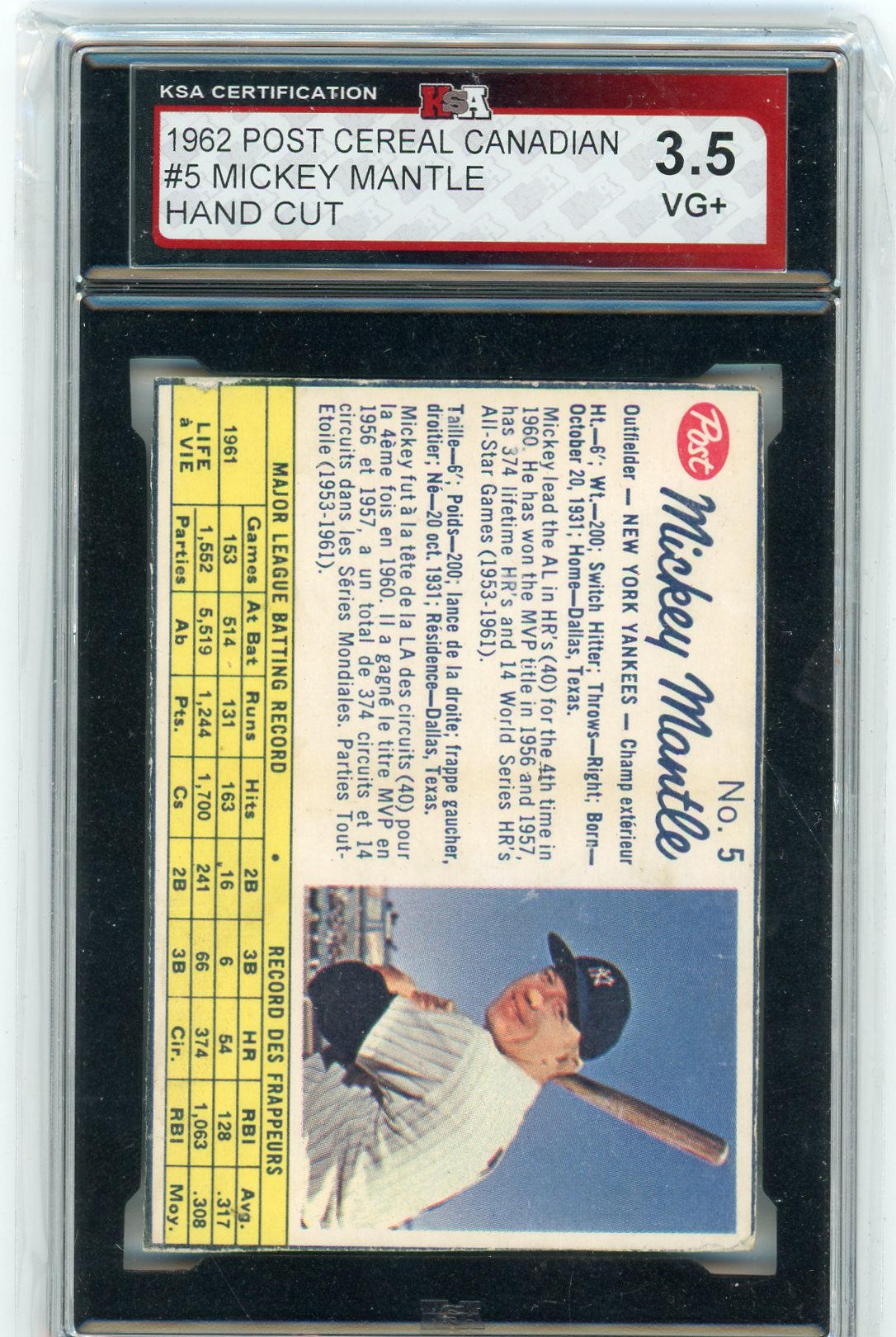 1962 Post Cereal Canadian Mickey Mantle Graded Card #5 KSA 3.5