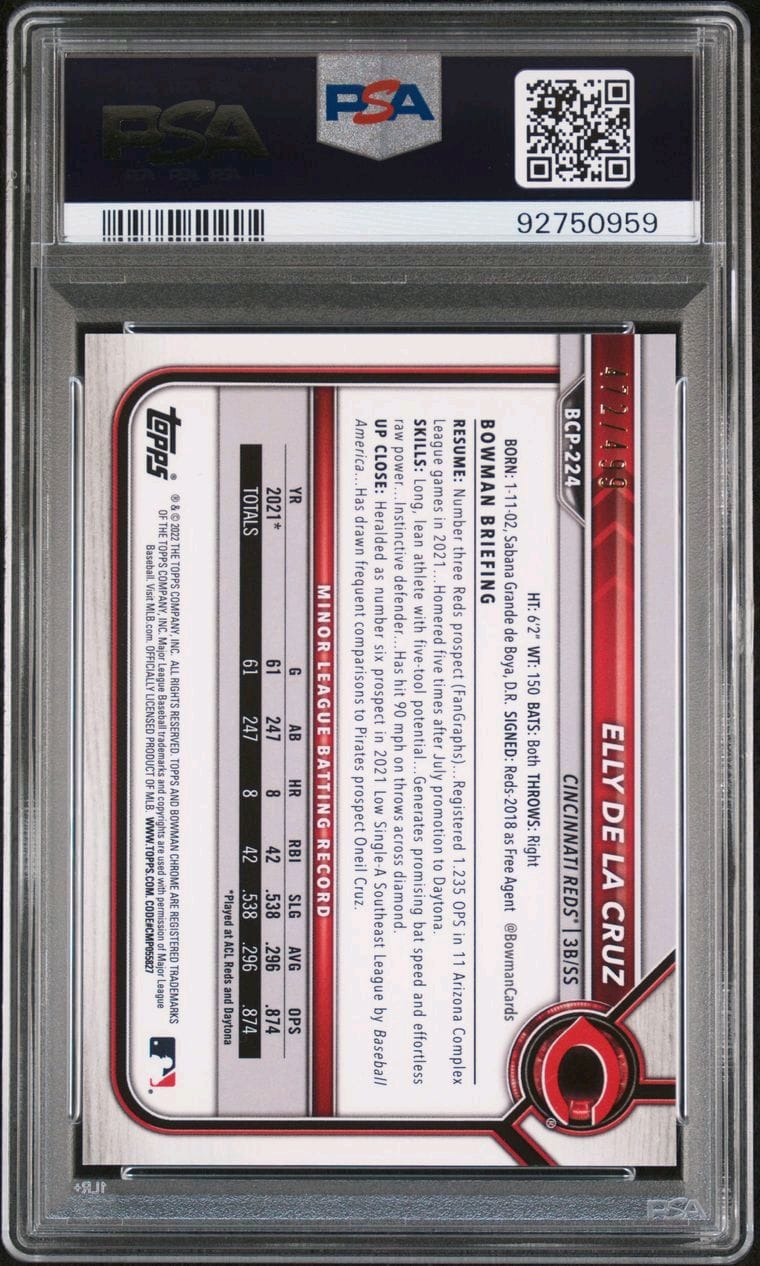 2022 Bowman Chrome Elly De La Cruz Prospects Refractor Rookie Card /499 PSA 10