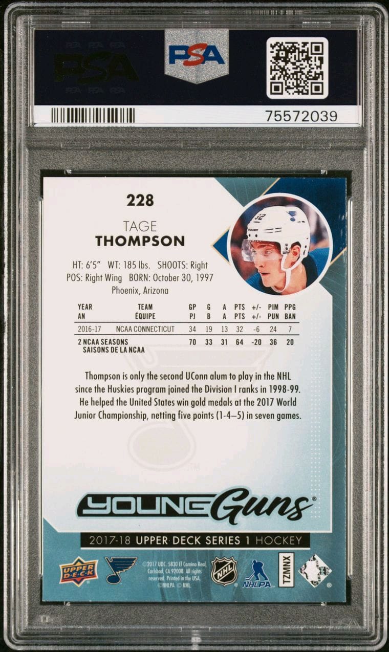 2017 Upper Deck Tage Thompson Young Guns Rookie Card #228 PSA 10