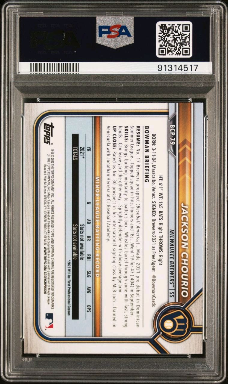 2022 Bowman Jackson Chourio Chrome Prospects Graded Rookie Card PSA 10