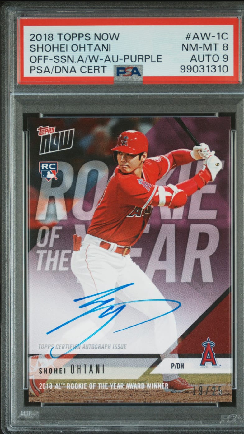 2018 Topps Now Shohei Ohtani Rookie of the Year Purple Parallel Autograph /25 #AW-1C – PSA 8 / AUTO 9