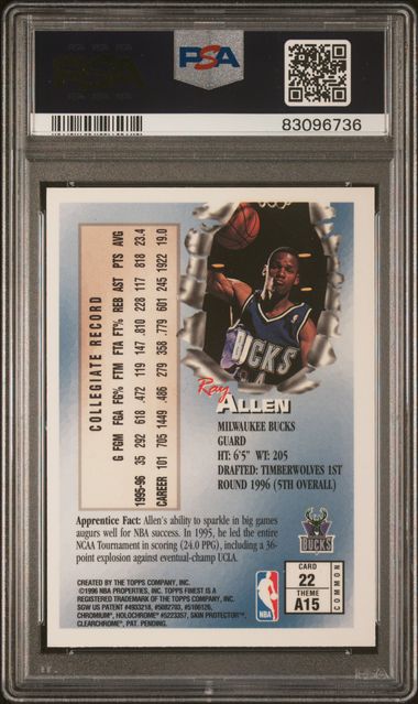 1996 Topps Finest Ray Allen Graded Rookie Card #22 PSA 10