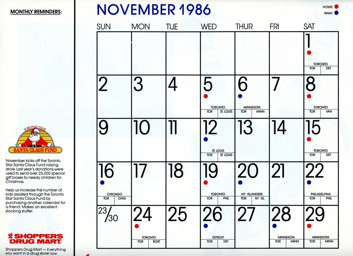 1986/87 Toronto Maple Leafs Shoppers Drug Mart Official Calendar 12" x 9.5"
