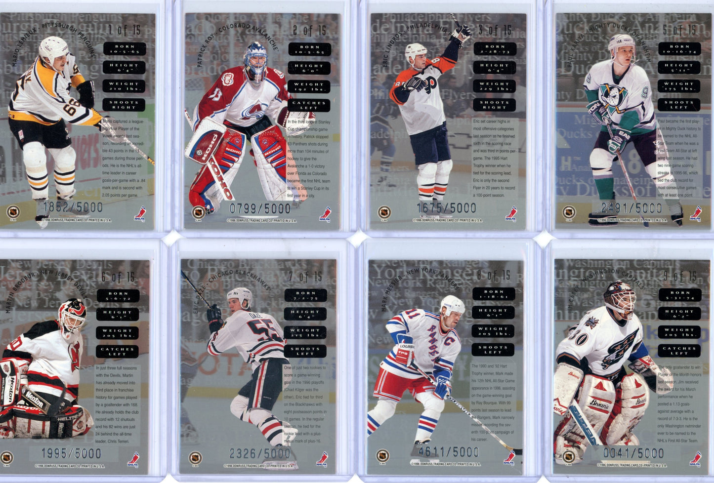 1996/97 Leaf Sweaters (Away) Complete (15 Card) Hockey Set + Graded Vanbiesbrouck BGS 9 – Limited /5000 Rare!