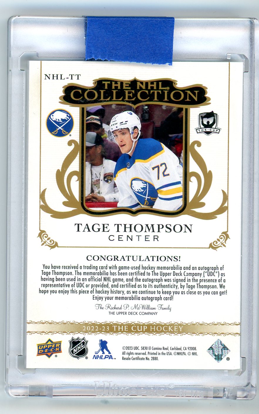 2022/23 Upper Deck The Cup NHL Collection Tage Thompson Autograph Swatch SSP Card /25