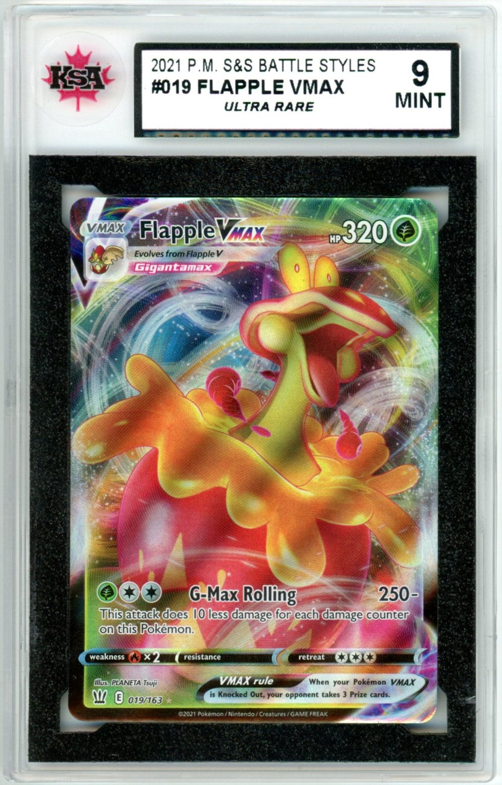 2021 Pokemon Sword & Shield Battle Styles Flapple Vmax Holo #019 Graded Card KSA 9 Ultra Rare