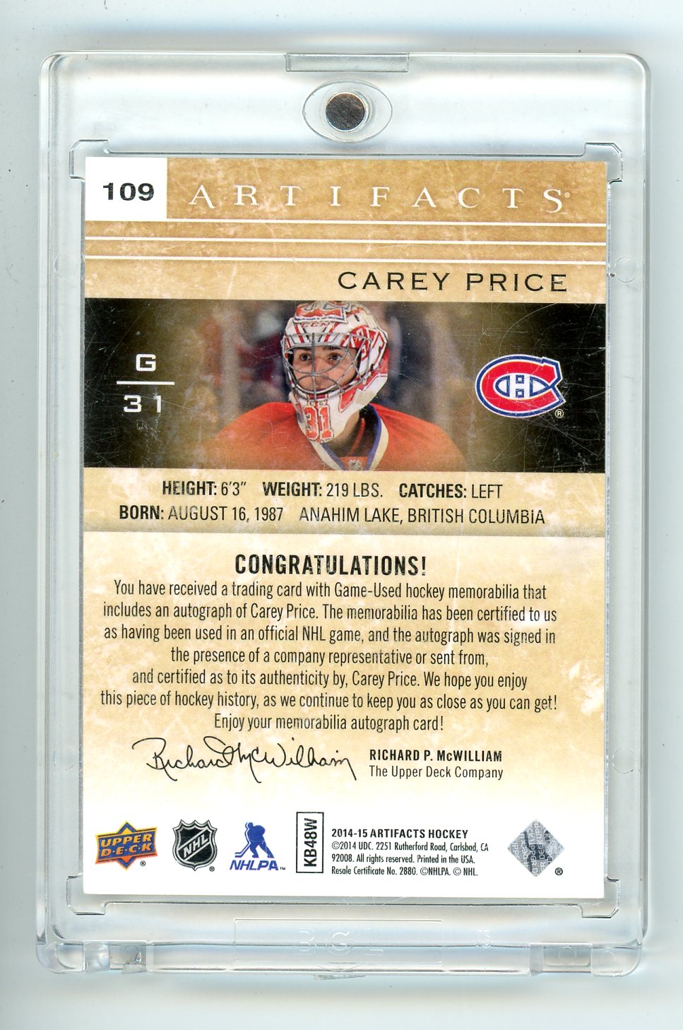 2014/15 Upper Deck Artifacts Carey Price Autograph Jersey SSP Card /12 Montreal Canadiens