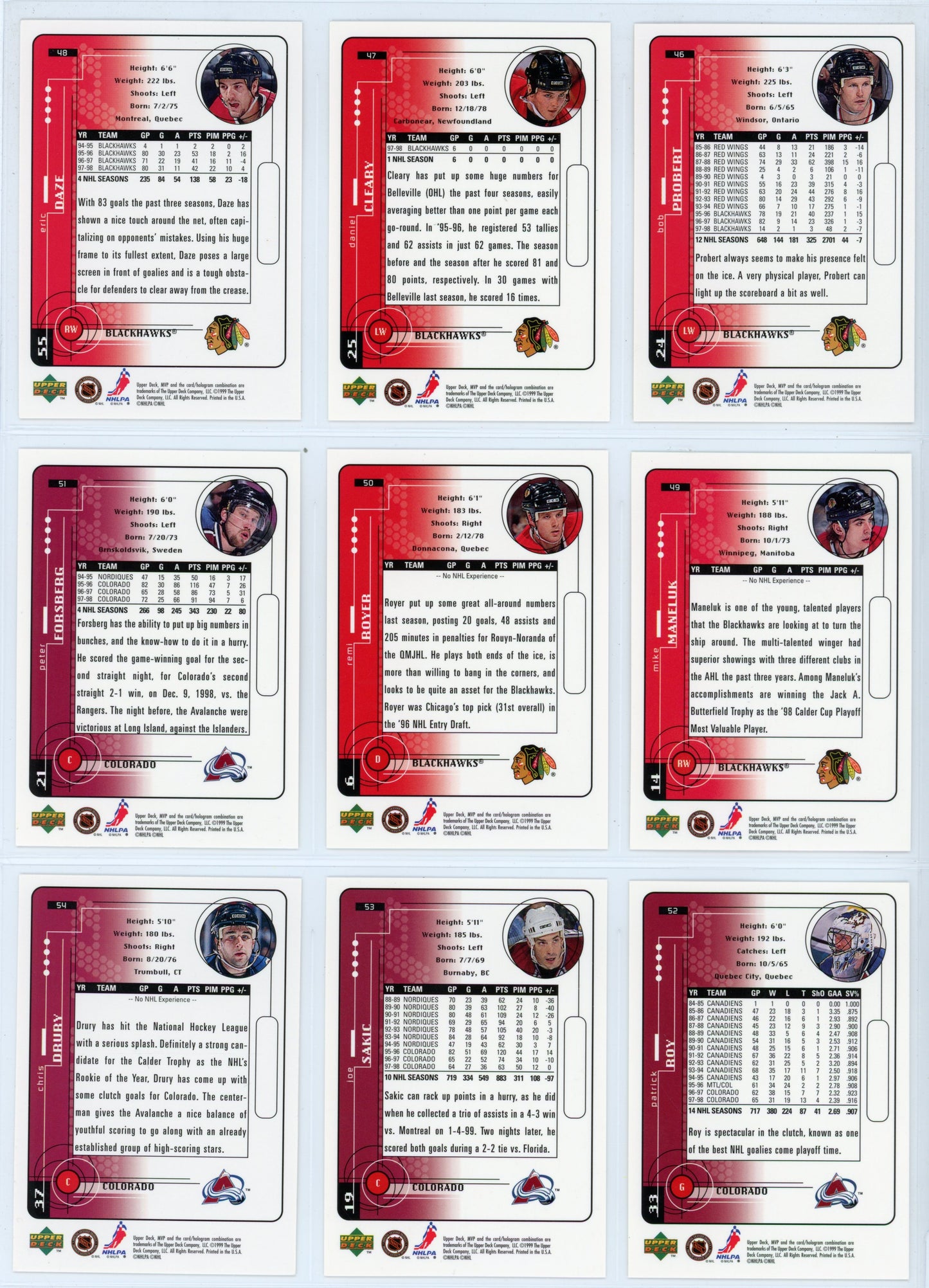1998/99 Upper Deck MVP NHL Hockey Card Complete Set (220 Cards)