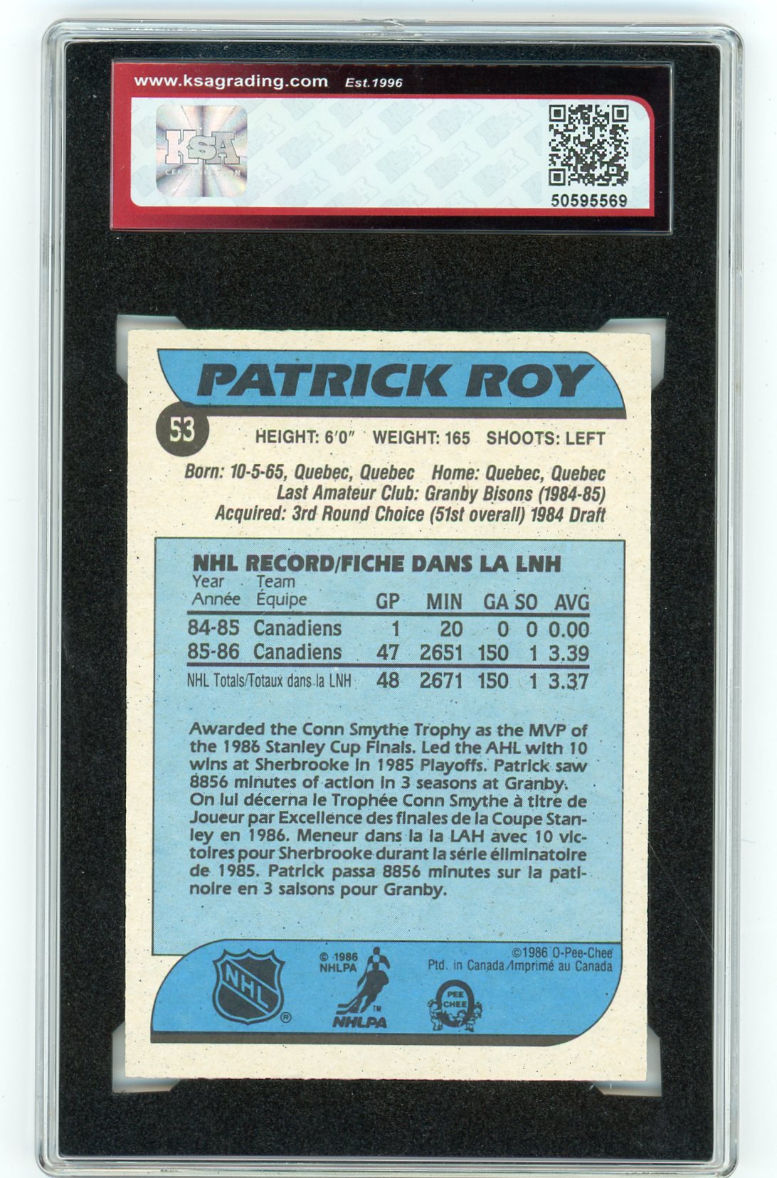 1986/87 O-Pee-Chee Patrick Roy #53 Graded Rookie Card KSA 5