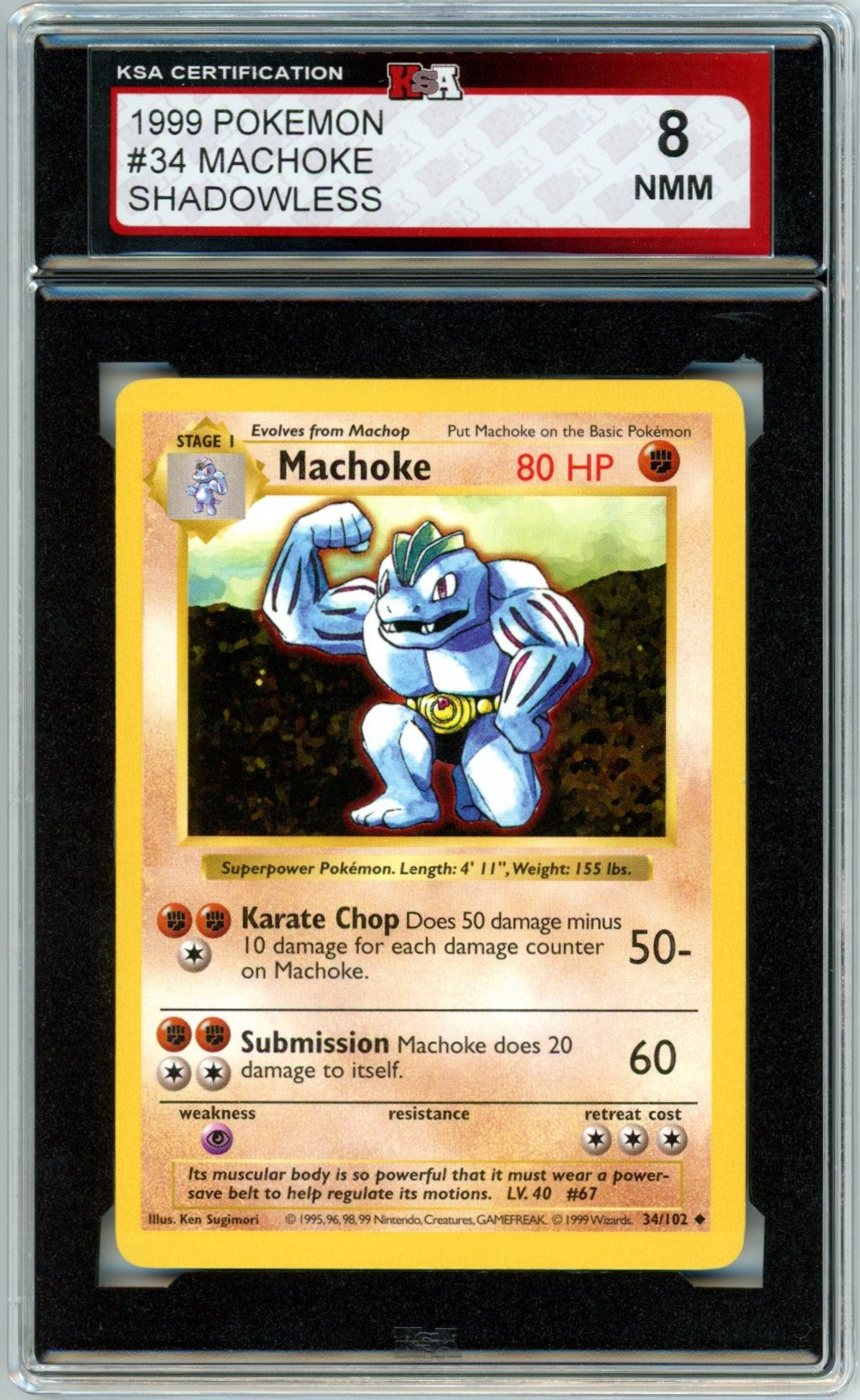 1999 Pokemon Machoke Shadowless #34 Graded Card KSA 8
