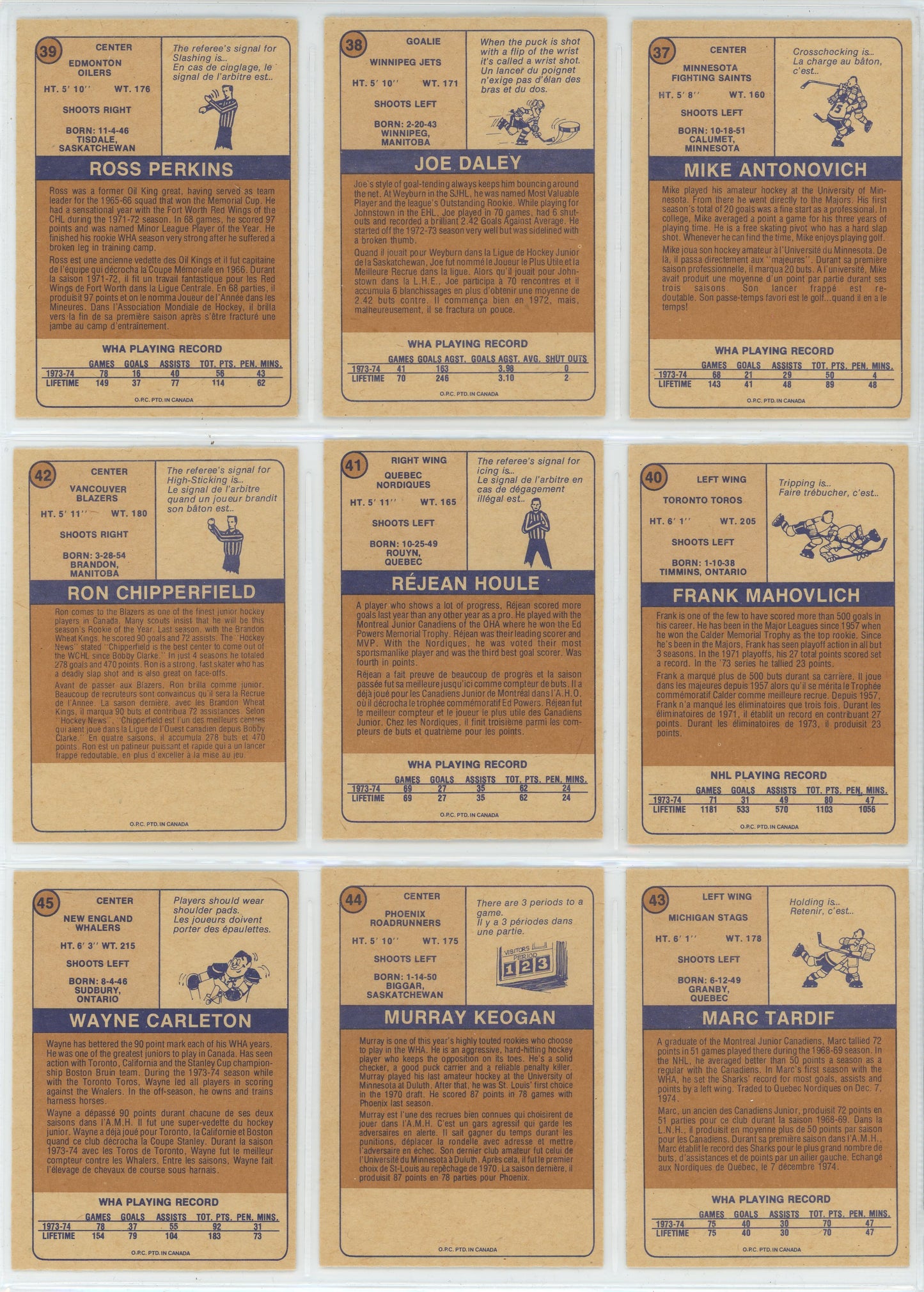 1974/75 OPC O-Pee-Chee WHA Hockey Card Complete Set (66 Cards)