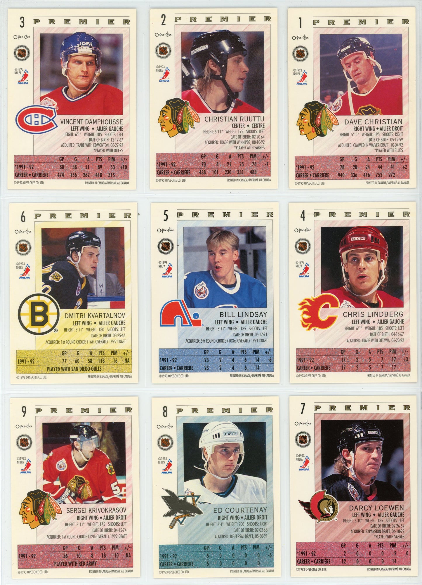 1992/92 OPC O-Pee-Chee Premier NHL Hockey Card Complete Set (132 Cards)
