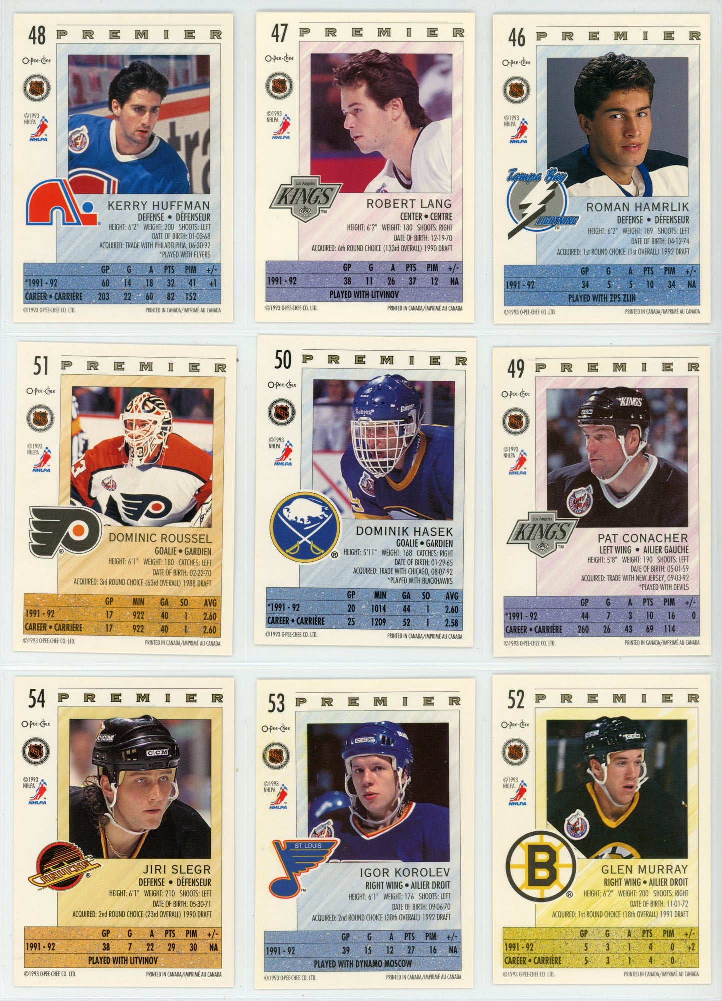 1992/92 OPC O-Pee-Chee Premier NHL Hockey Card Complete Set (132 Cards)