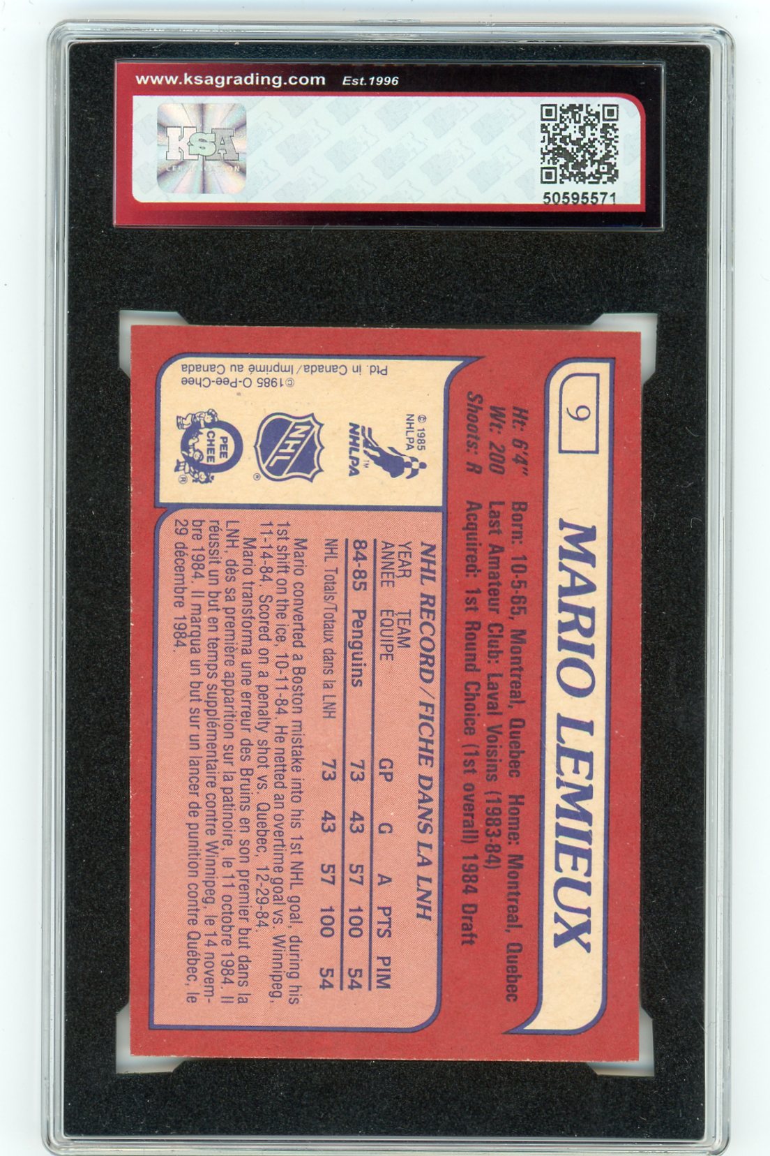 1985/86 O-Pee-Chee Mario Lemieux #9 Graded Card KSA 7.5