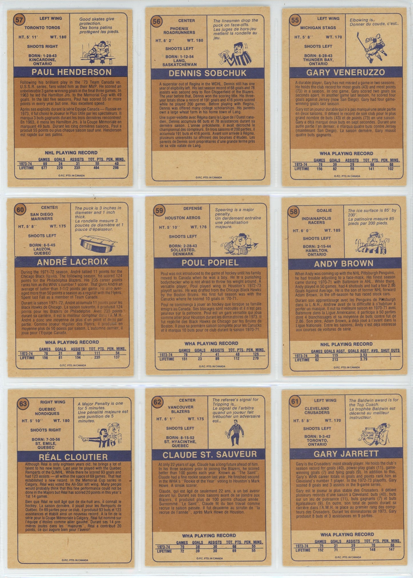 1974/75 OPC O-Pee-Chee WHA Hockey Card Complete Set (66 Cards)