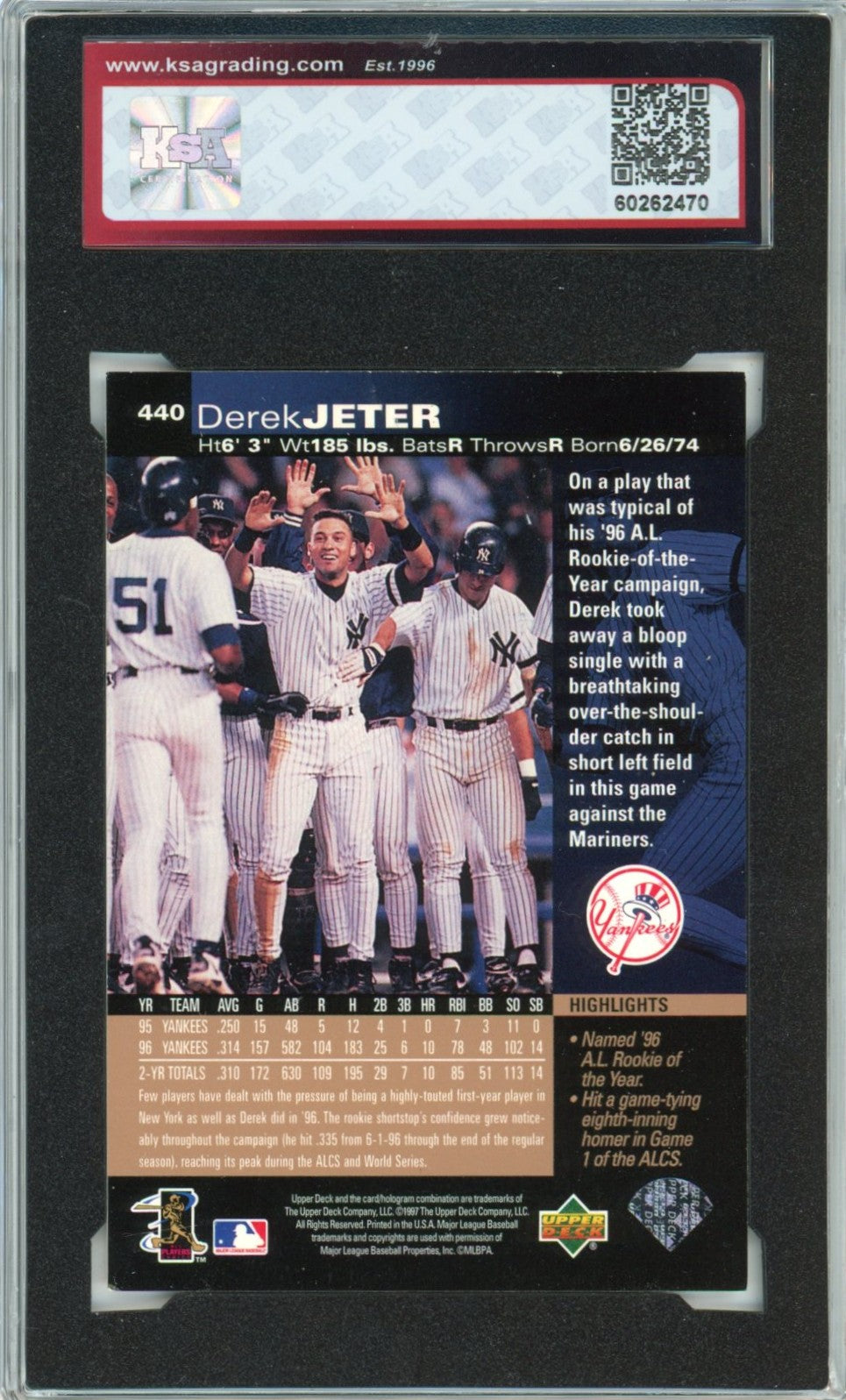 1997 Upper Deck Derek Jeter Award Winner Graded Baseball Card #440 KSA 7.5
