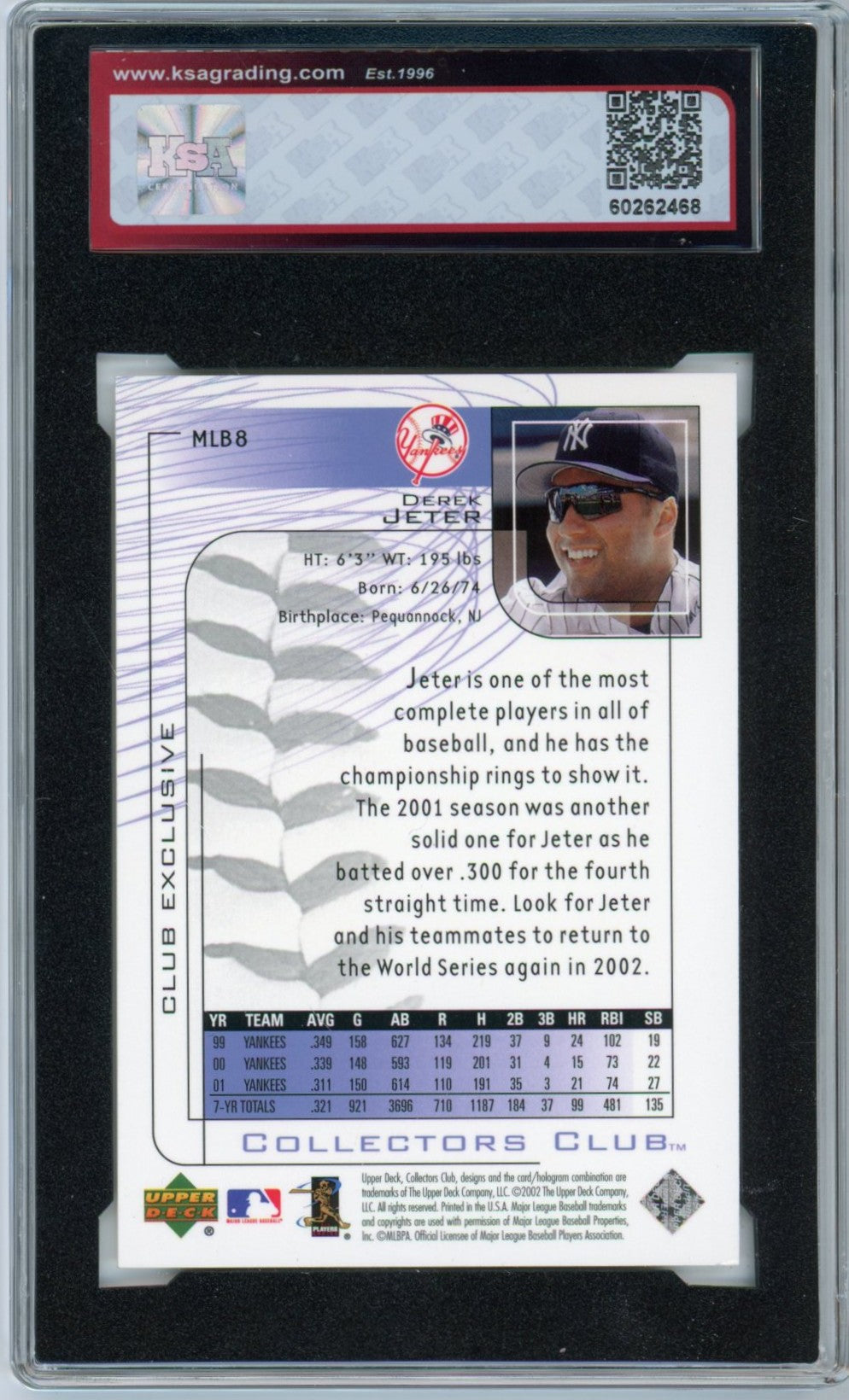 2002 Upper Deck Collectors Club Derek Jeter Graded Card #MLB8 KSA 8.5