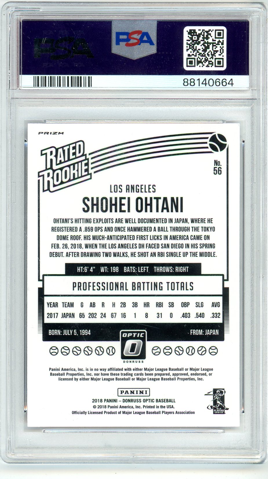 2018 Panini Donruss Optic Shohei Ohtani Graded Rookie Card PSA 9