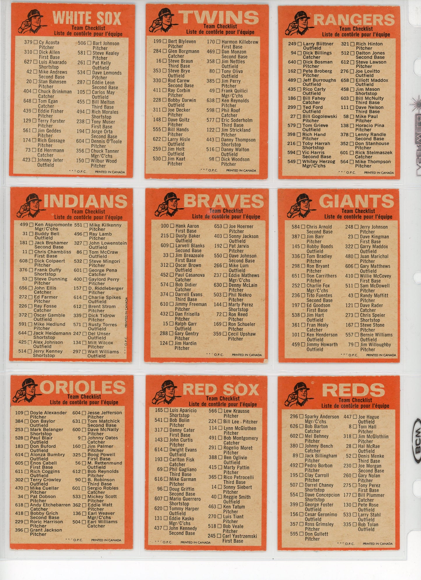 1973 OPC O-Pee-Chee Baseball Team Checklist Complete Set (24 Cards)Unmarked