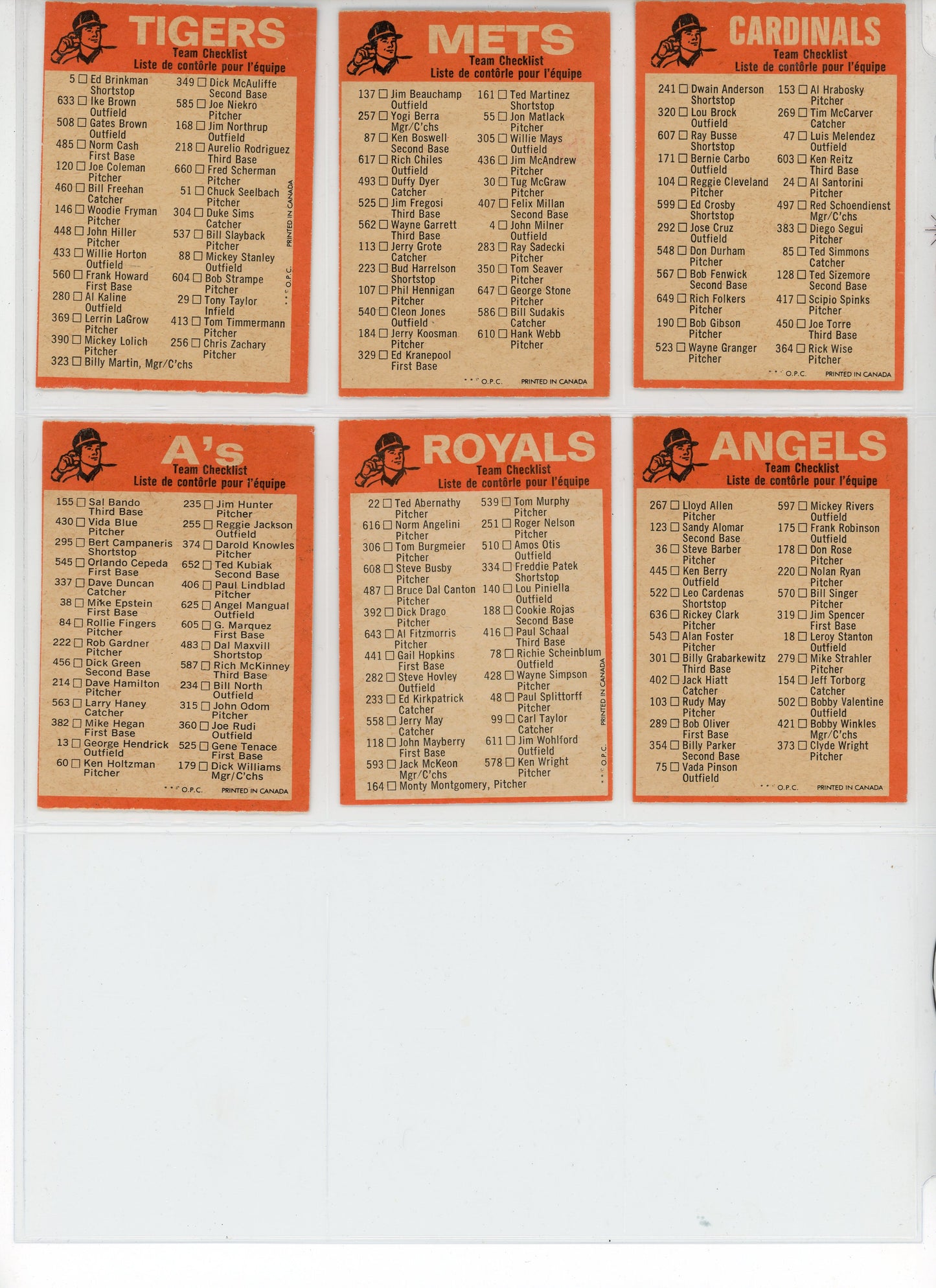 1973 OPC O-Pee-Chee Baseball Team Checklist Complete Set (24 Cards)Unmarked