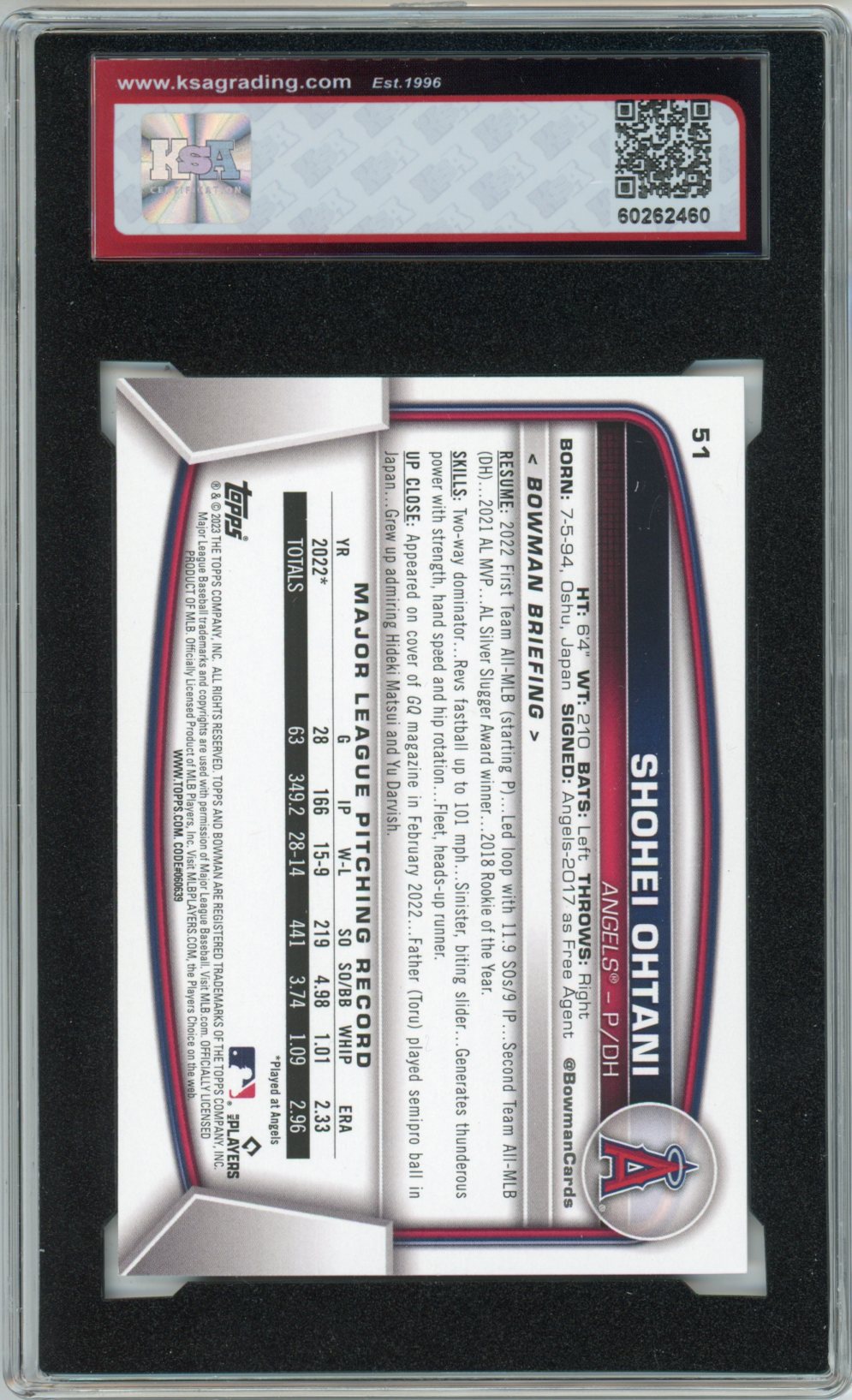 2023 Bowman Shohei Ohtani Graded Baseball Card #51 KSA 9