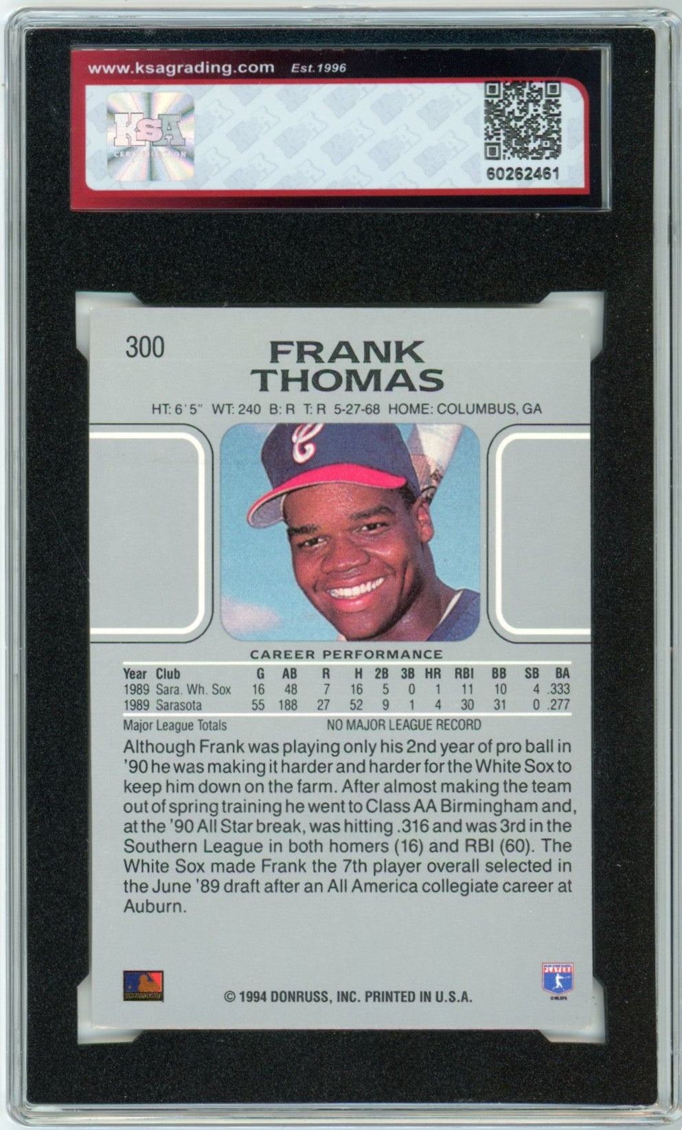 1994 Leaf Frank Thomas '90 Leaf Reprint Graded Baseball Card #300 KSA 7.5
