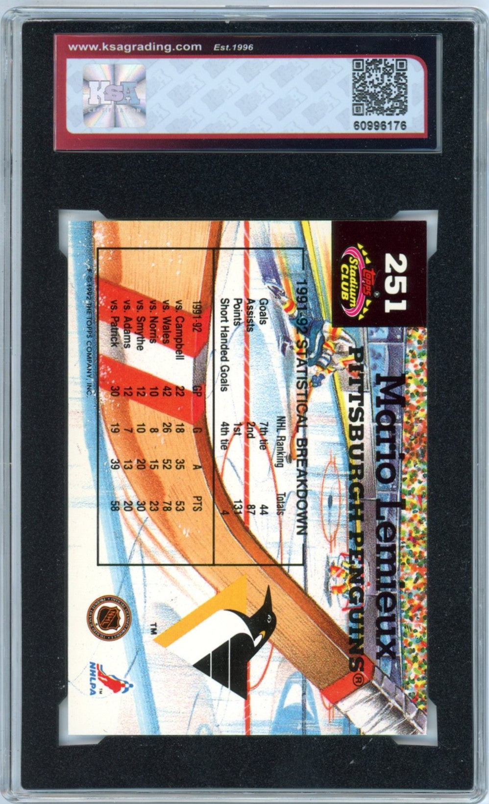 1992/93 Topps Stadium Club Mario Lemieux Members Choice #251 Graded Hockey Card KSA 10