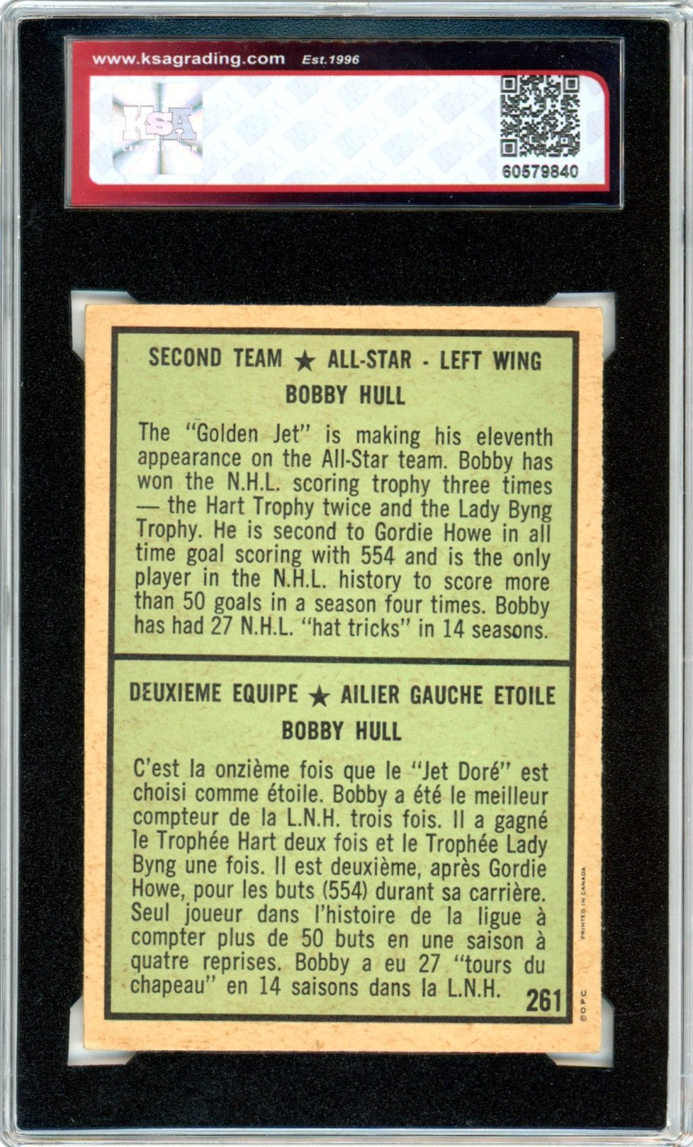1971/72 OPC O-Pee-Chee Bobby Hull All Star #261 Graded Hockey Card KSA 4