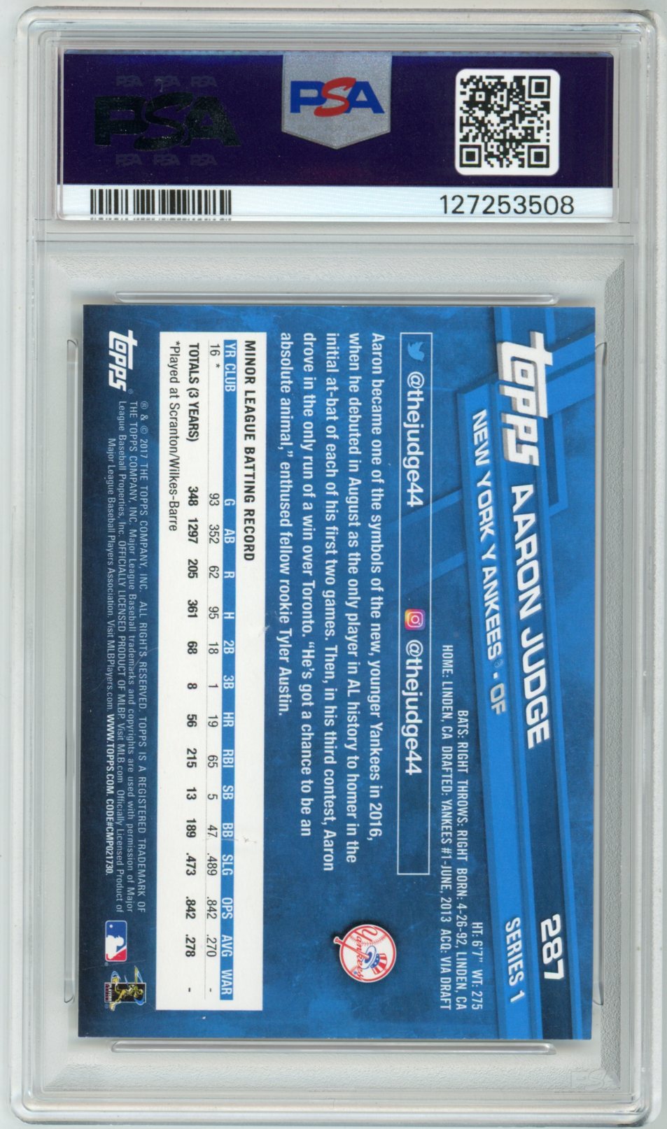 2017 Topps Aaron Judge Graded Rookie Card #287 PSA 8