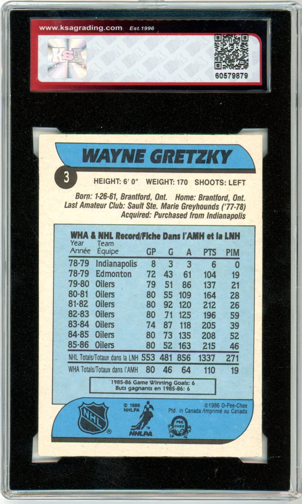1986/87 OPC O-Pee-Chee Wayne Gretzky #3 Graded Hockey Card KSA 6