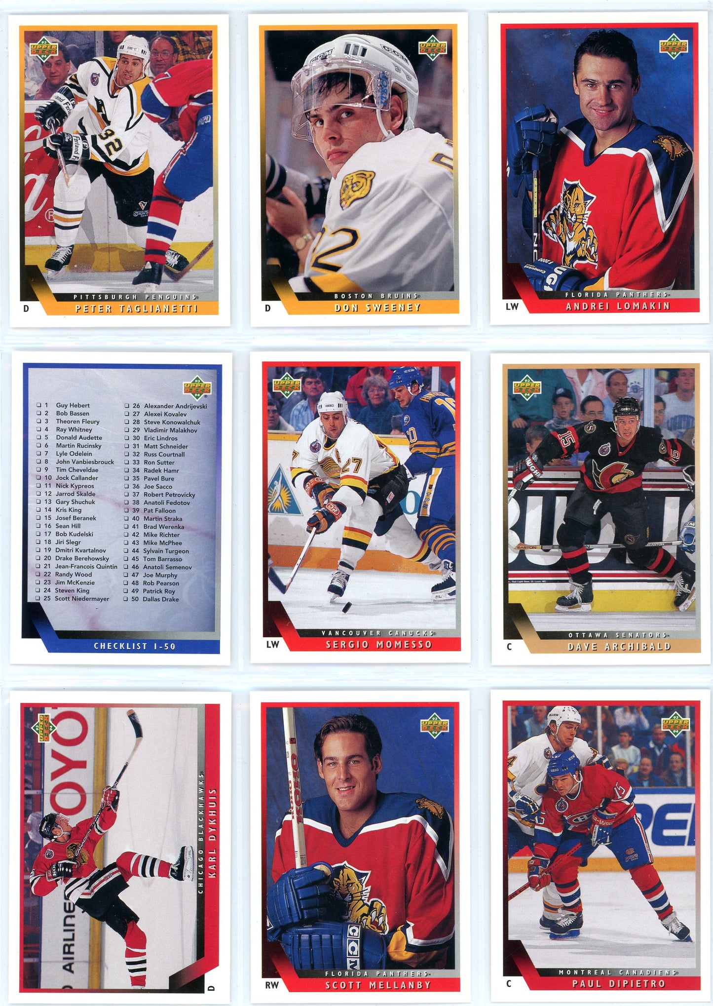 1993/94 Upper Deck NHL Hockey Card Series 1 Set (310 Cards)