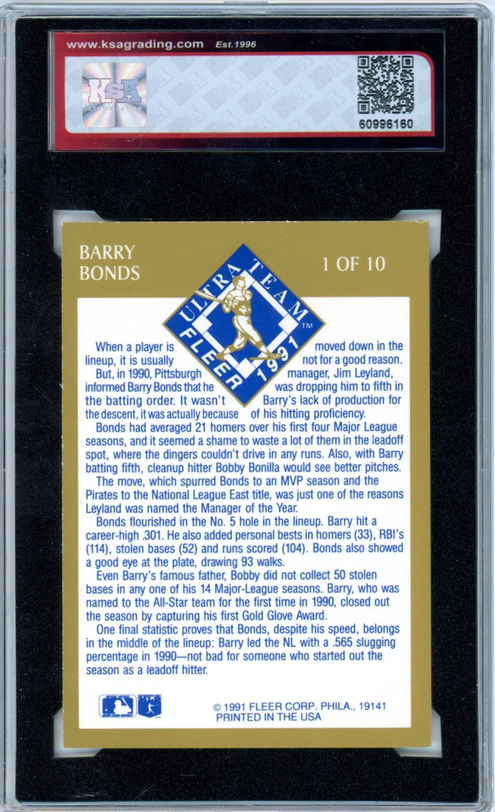 1991 Fleer Ultra Barry Bonds #1 Ultra Team Graded Baseball Card KSA 8.5