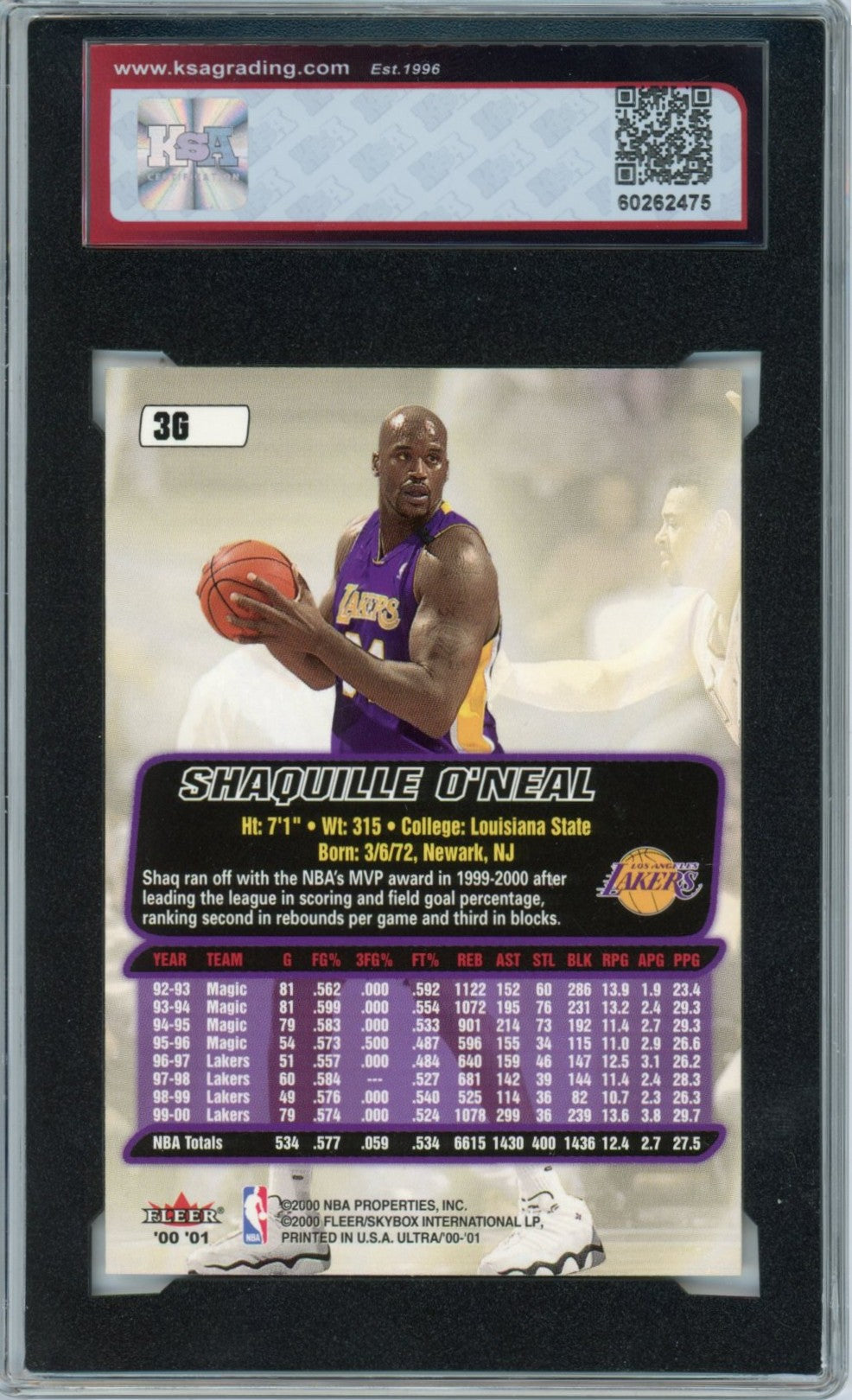 2000/01 Fleer Ultra Shaquille O'Neal Gold Medallion Graded Basketball Card #3G KSA 9