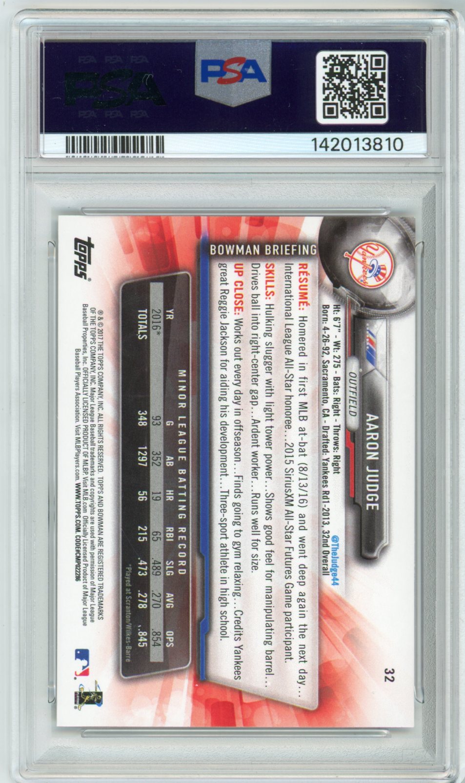 2017 Bowman Aaron Judge Graded Rookie Card #32 PSA 8