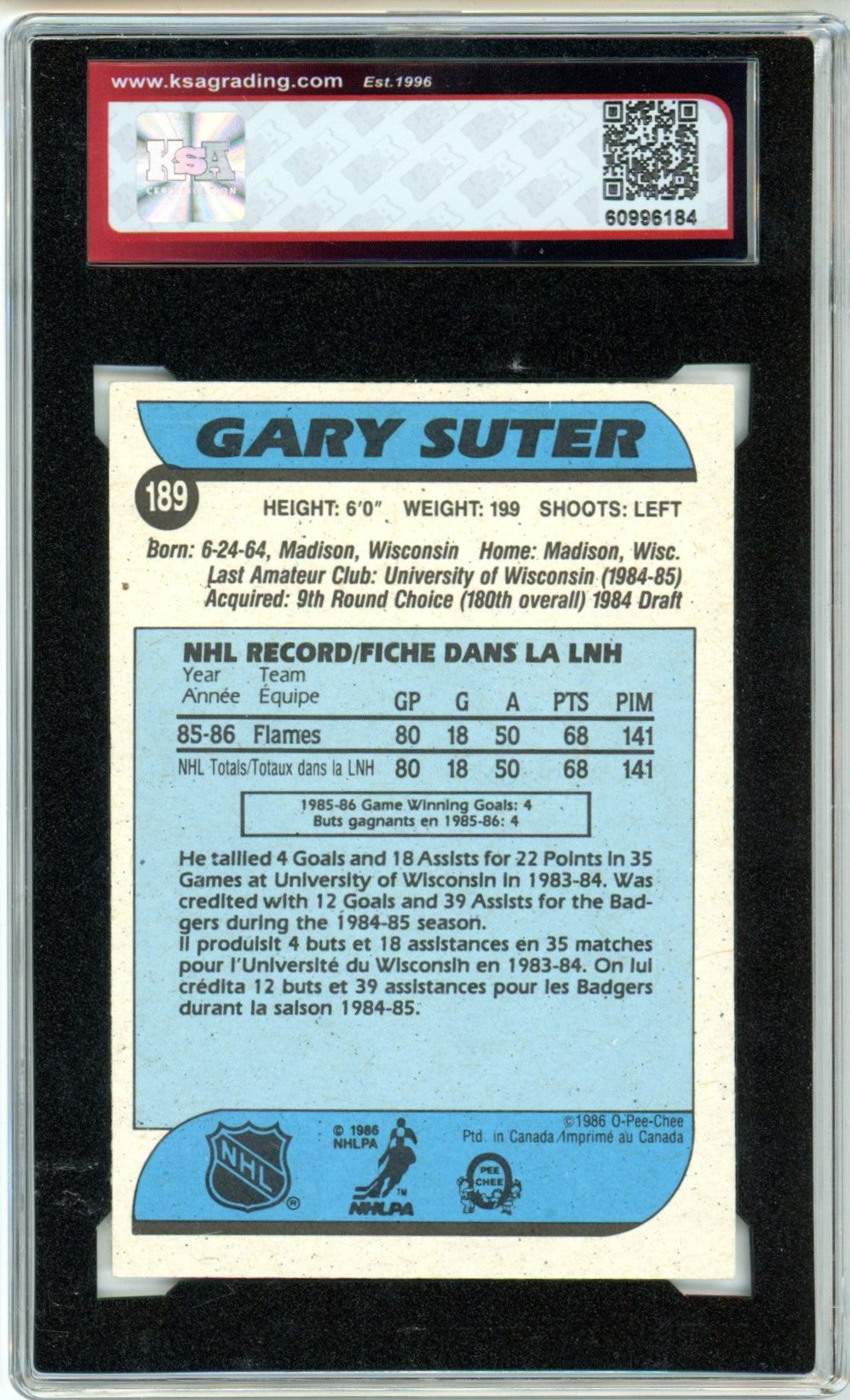 1986/87 OPC O-Pee-Chee Gary Suter #189 Graded Hockey Rookie Card KSA 7