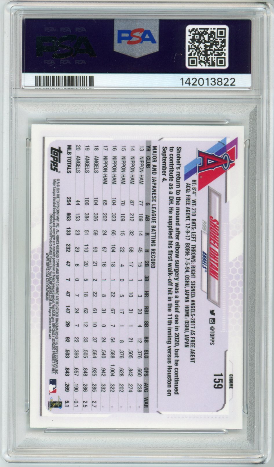 2021 Topps Chrome Shohei Ohtani Graded Baseball Card #159 PSA 9