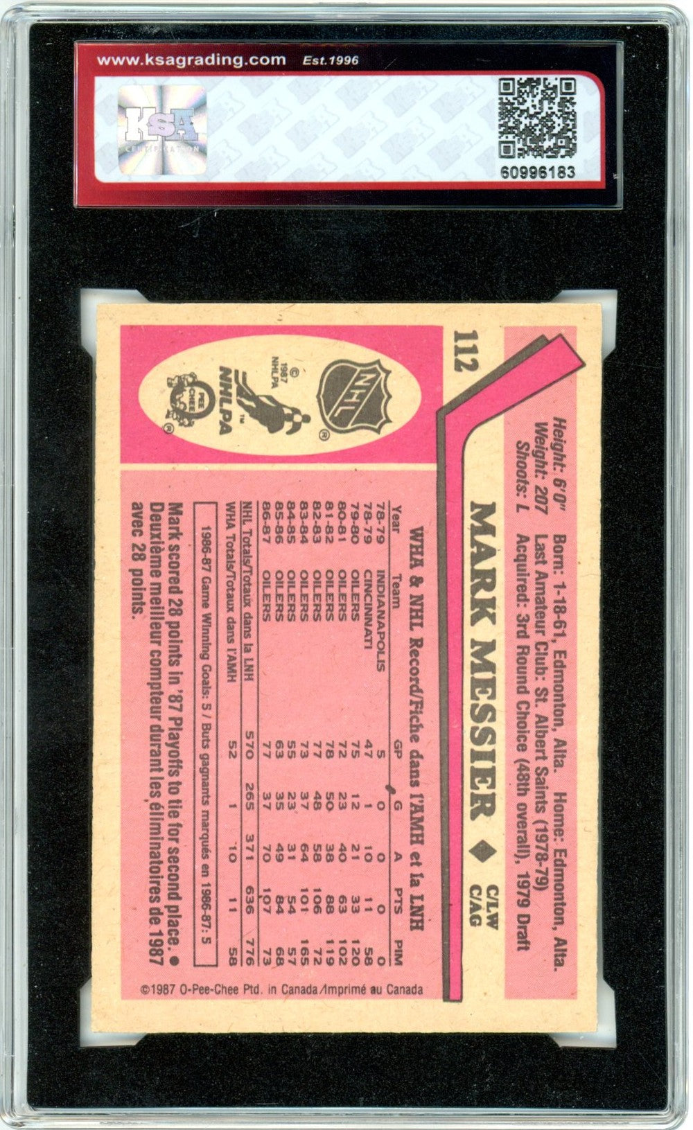 1987/88 OPC O-Pee-Chee Mark Messier #112 Graded Hockey Card KSA 7.5