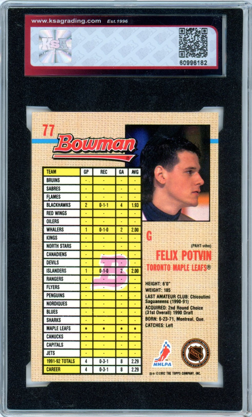 1992/93 Bowman Felix Potvin #77 Graded Hockey Card KSA 9
