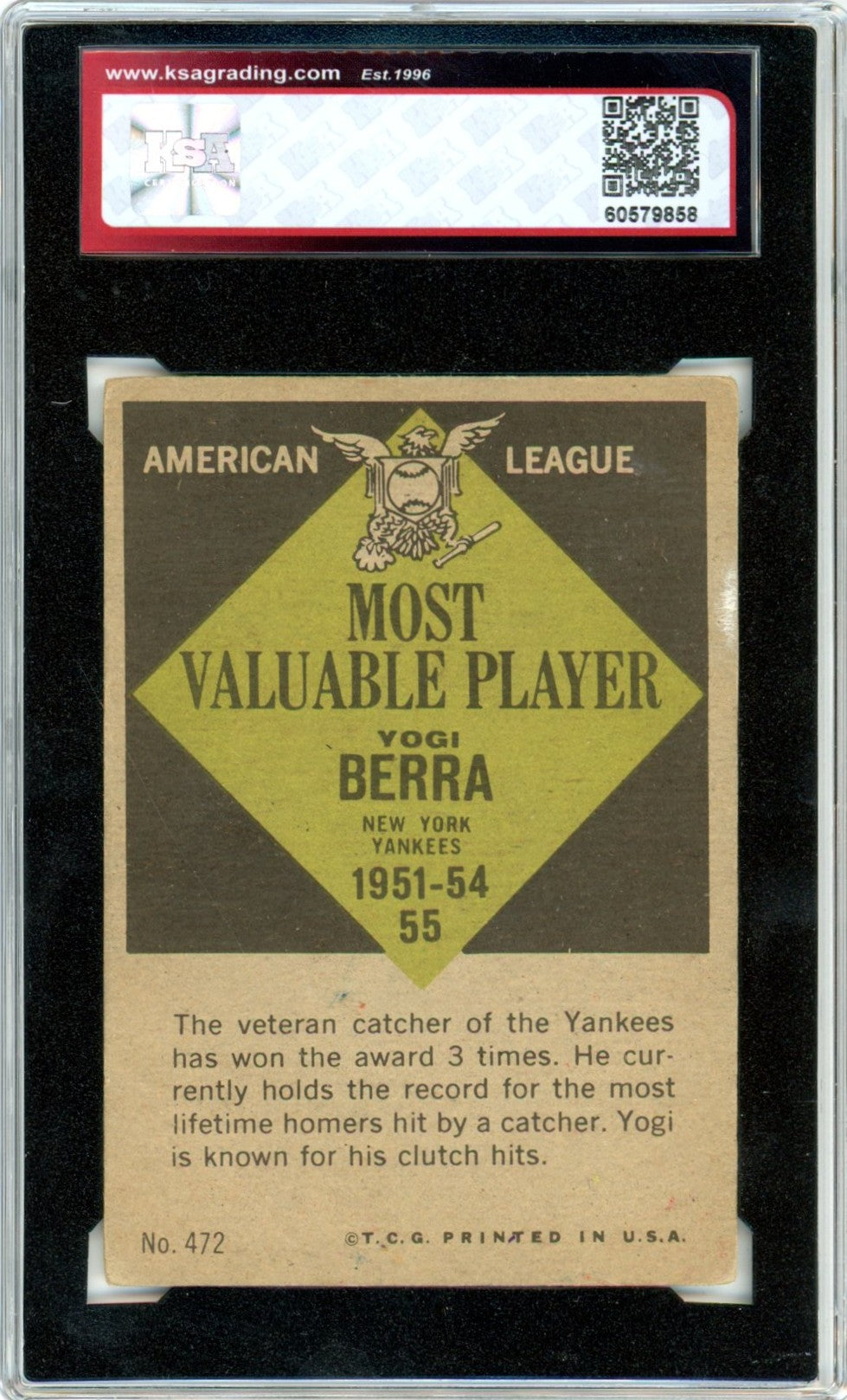 1961 Topps Yogi Berra MVP #472 Graded Baseball Card KSA 2