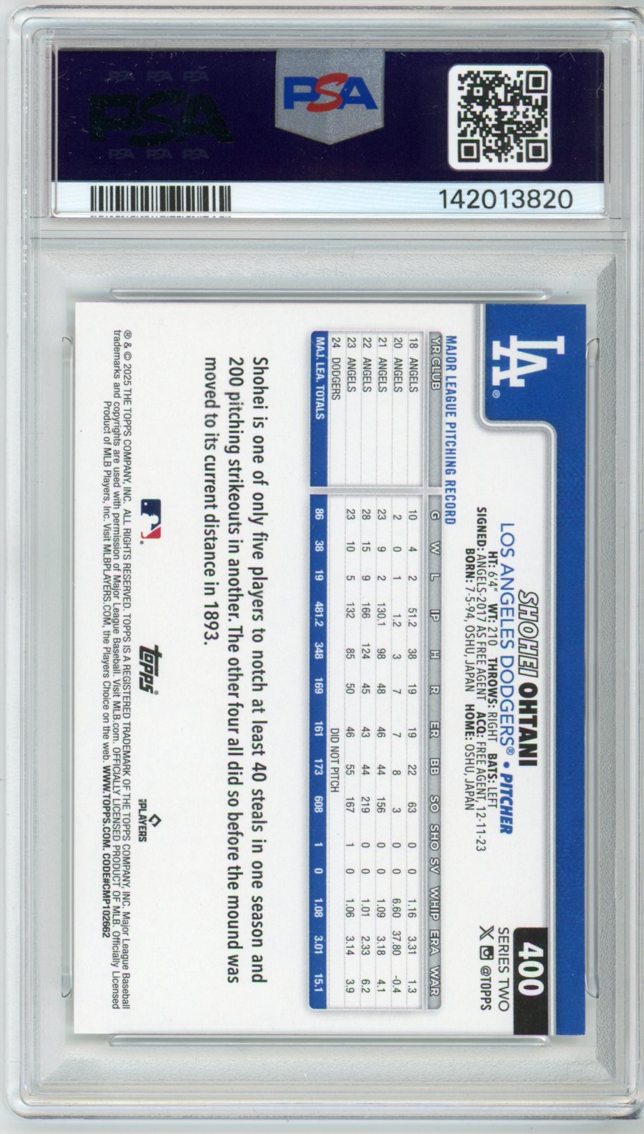 2025 Topps Shohei Ohtani #400 Graded Baseball Card PSA 9