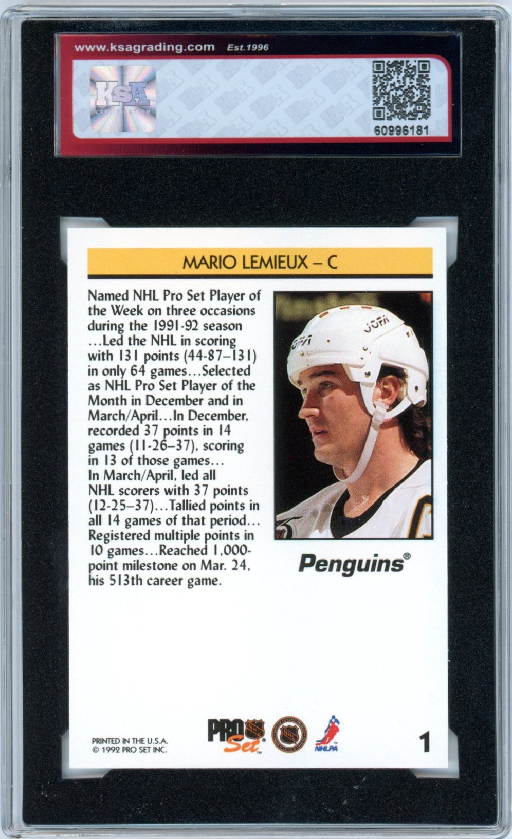 1992/93 Pro Set Mario Lemieux Award Winner #1 Graded Hockey Card KSA 10