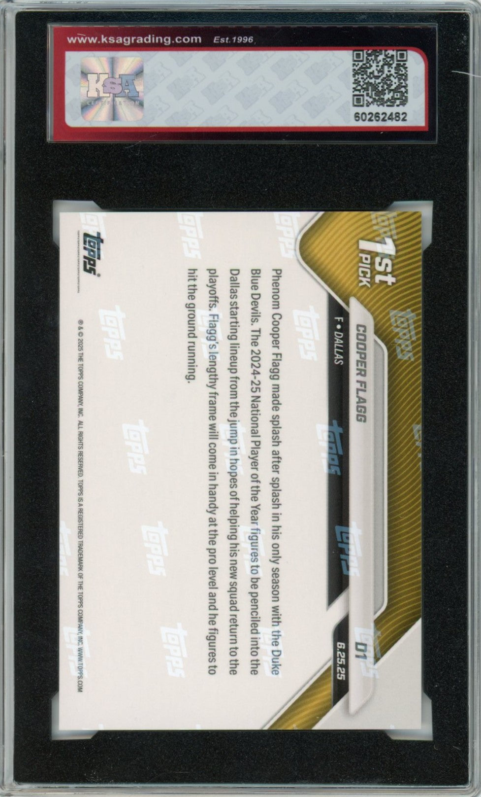 2025/26 Topps Now Cooper Flagg Draft Graded Rookie Card #D1 KSA 10 Gem Mint