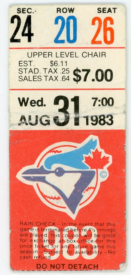 Blue Jays Vintage Ticket Stub Exhibition Stadium (Toronto, 1983)