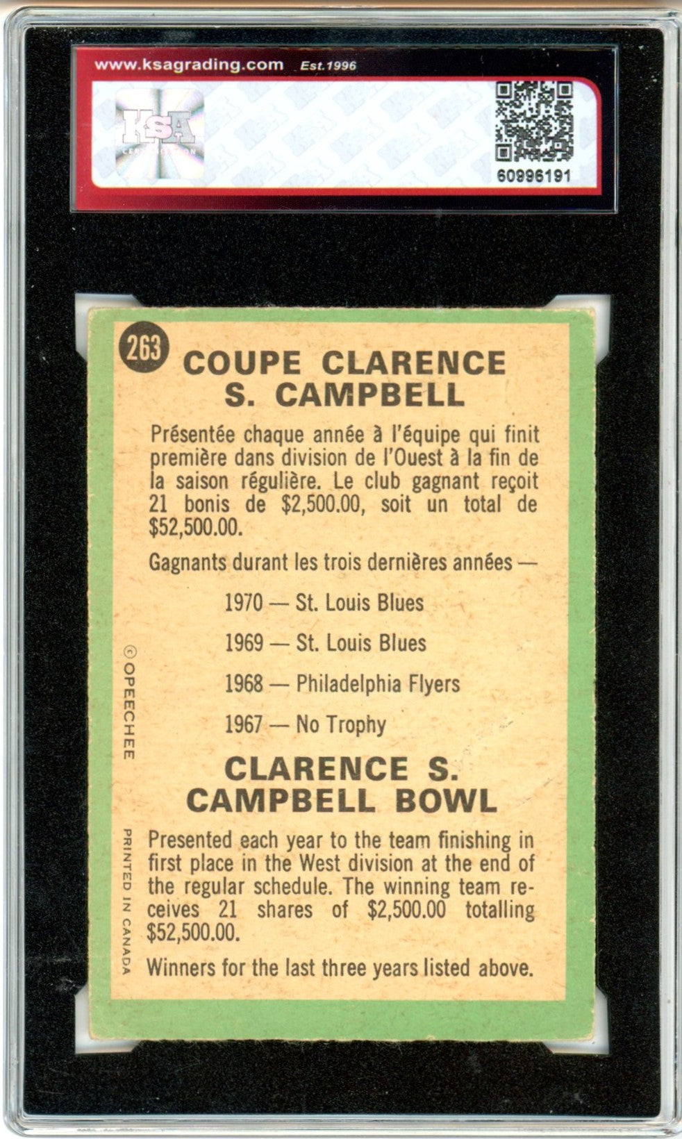 1970/71 OPC O-Pee-Chee Clarence S. Campbell Bowl #263 Graded Hockey Card KSA 3